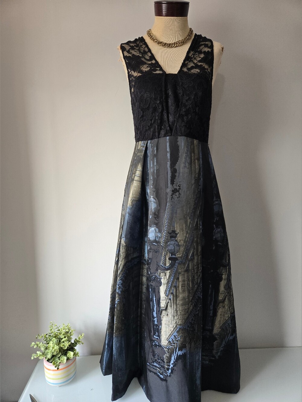 Samuel Dong Black Lace Bodice Maxi Dress with Metallic Print Skirt. Size Small